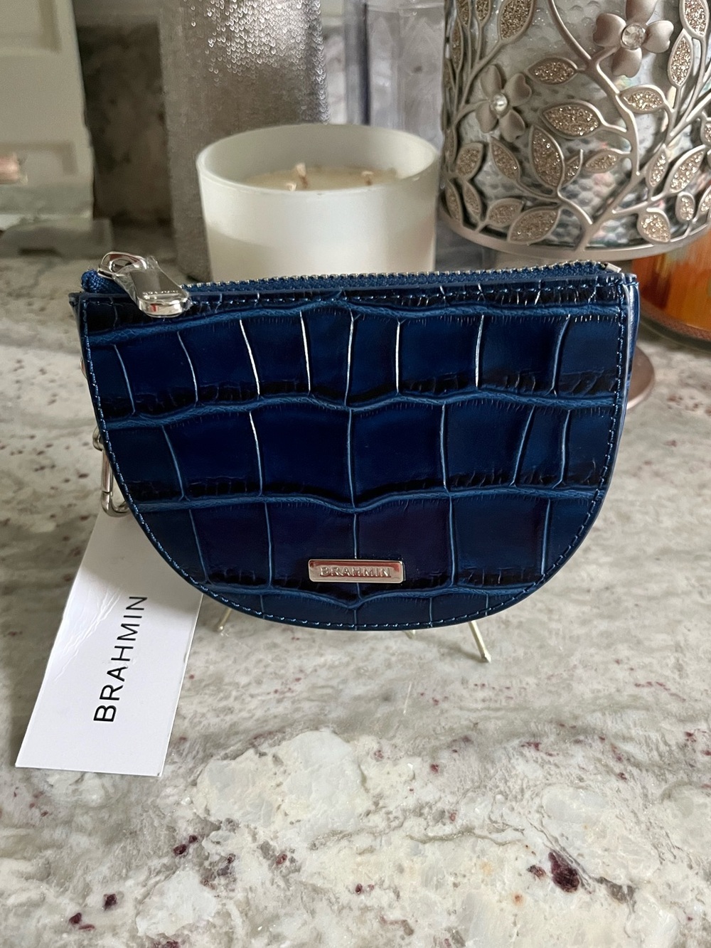 Brahmin Navy Croc-Embossed Half-Moon Coin Pouch